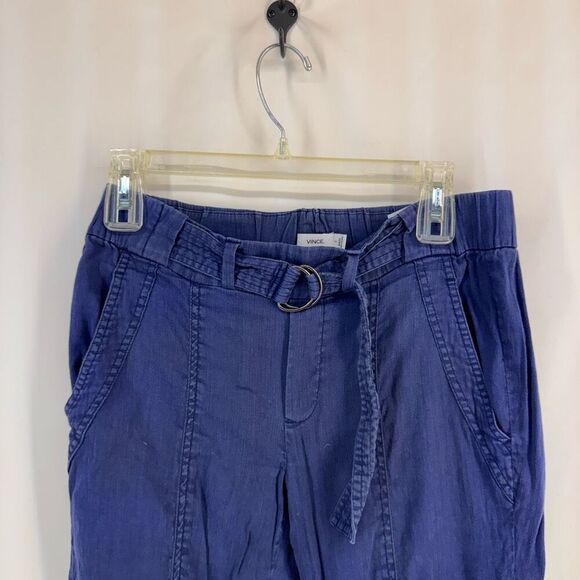 Vince Women's Blue Elastic Waist Belted Linen Blend Trousers Slim Pants Size 2 - Picture 4 of 14